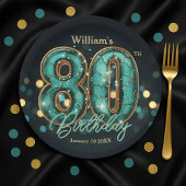 Stylish Vibrant Teal and Gold 80th Birthday Papieren Bordje