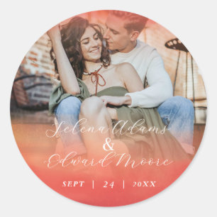 Stylish Waterverf Roos Gold Photo Wedding Ronde Sticker