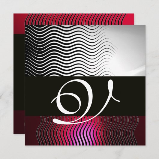 STYLISH WAVES MONOGRAM, White Red Ruby Burgundy Kaart (Voorkant / Achterkant)
