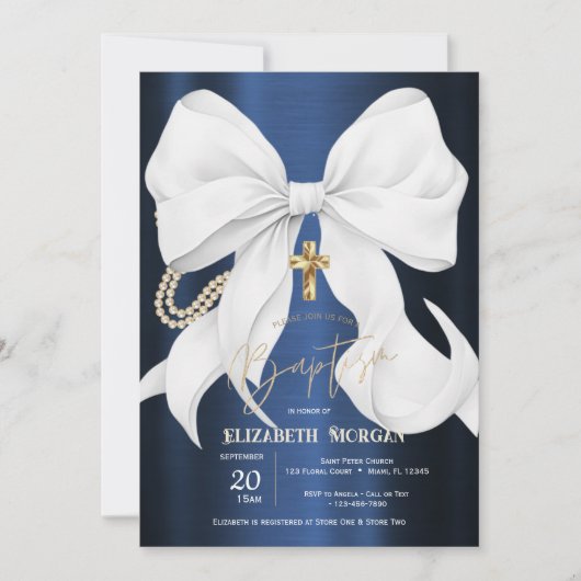 Stylish White Bow Pearls Navy Blue Metallic Kaart (Voorkant)