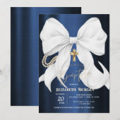 Stylish White Bow Pearls Navy Blue Metallic Kaart (Voorkant / Achterkant)