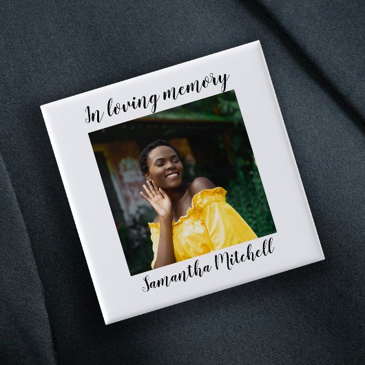 Stylish White Photo Funeral Vierkante Button 5,1 Cm