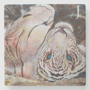 Stylish White Tiger Monogram Stenen Onderzetter