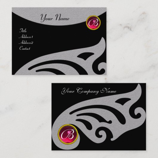 STYLISH WINGS MONOGRAM, RED RUBY, fuchsia Grey Visitekaartje (Voorkant / Achterkant)