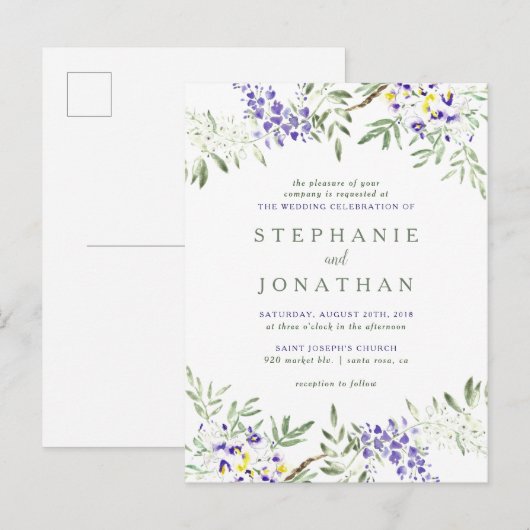 Stylish Wisteria Floral Wreath Wedding Uitnodiging Briefkaart (Voorkant / Achterkant)