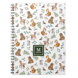 Stylish Woodland Animals Forest Greenery Monogram Notitieboek