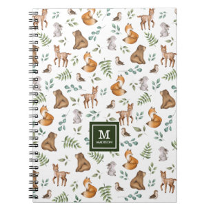 Stylish Woodland Animals Forest Greenery Monogram Notitieboek