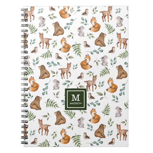 Stylish Woodland Animals Forest Greenery Monogram Notitieboek (Voorkant)