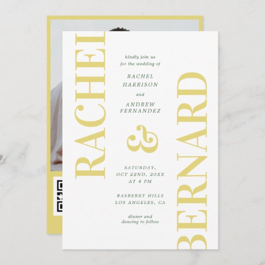 Stylish Yellow & Green Typography QR Code Wedding Kaart (Voorkant / Achterkant)