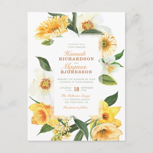 Stylish Yellow Waterverf Daisies Floral Wedding Uitnodiging Briefkaart (Voorkant)