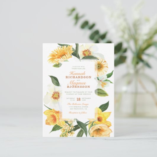 Stylish Yellow Waterverf Daisies Floral Wedding Uitnodiging Briefkaart (Staand voorkant)