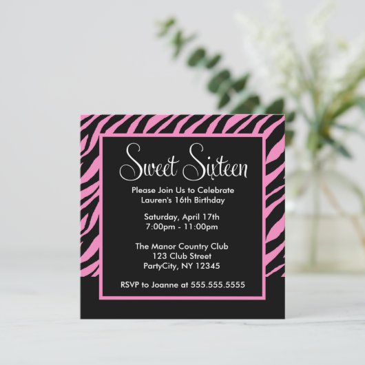 Stylish Zebra Pattern Sweet Sixteen Party Kaart (Staand voorkant)