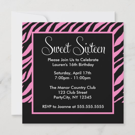 Stylish Zebra Pattern Sweet Sixteen Party Kaart (Voorkant)