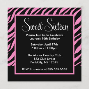 Stylish Zebra Pattern Sweet Sixteen Party Kaart