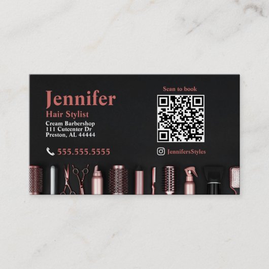 Stylist Black Roos Gold Visitekaartje met QR-code (Voorkant)