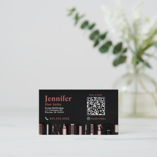 Stylist Black Roos Gold Visitekaartje met QR-code (Staand voorkant)