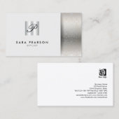 Stylist Elegant Chrome Monogram Zilveren Damast Visitekaartje (Voorkant / Achterkant)
