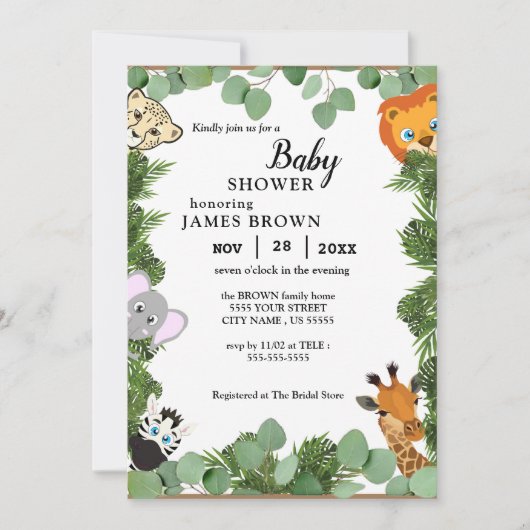 Stylist Eucalyptus Oerwoud Animals Boy Baby shower Kaart (Voorkant)