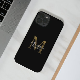 Stylist Script Metallic Black Gold Monogram iPhone 16 Pro Hoesje