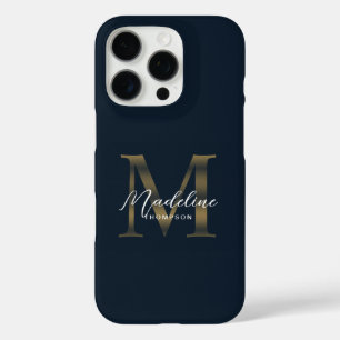 Stylist Script Metallic Navy Blauwe Gouden Monogra iPhone 16 Pro Hoesje