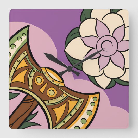 Stylized Axe and Flower Design Vierkante Klok (Voorkant)
