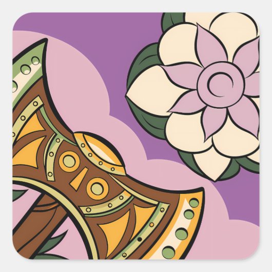 Stylized Axe and Flower Design Vierkante Sticker (Voorkant)