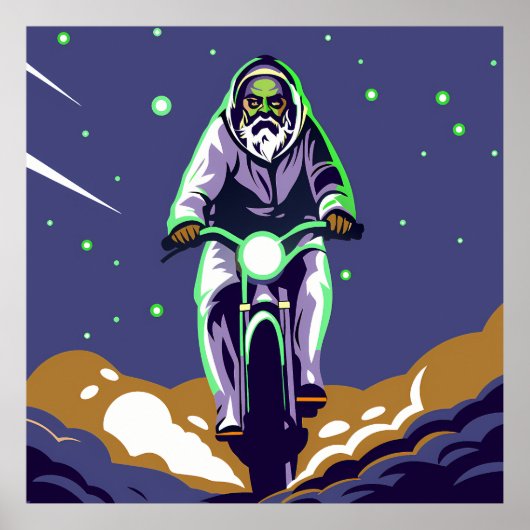 Stylized Bearded Figure Riding a Motorcycle Poster (Voorkant)