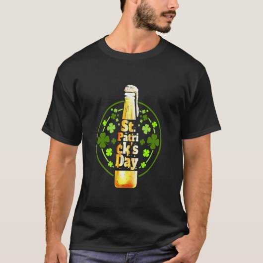 Stylized Beer Bottle And Shamrocks For St Patricks T-shirt (Voorkant)