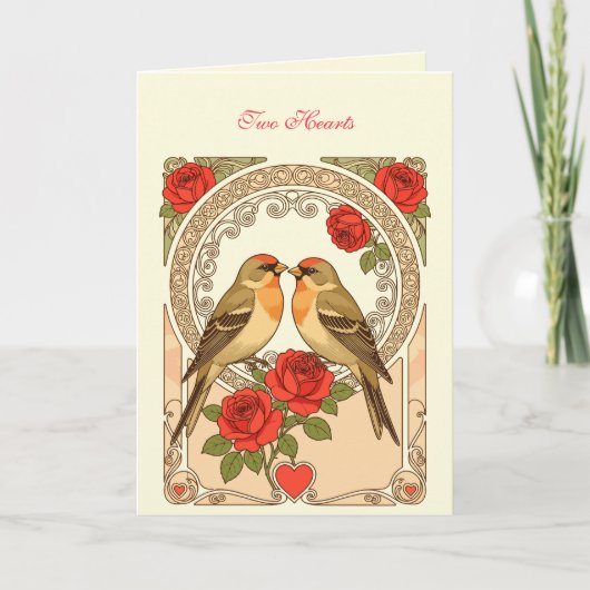 Stylized Birds and Red Roses Art Nouveau Kaart (Voorkant)