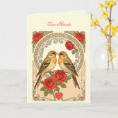 Stylized Birds and Red Roses Art Nouveau Kaart (Gele Bloem)
