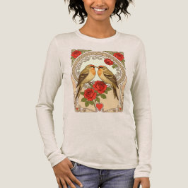 Stylized Birds and Red Roses Art Nouveau Tri-Blend Shirt