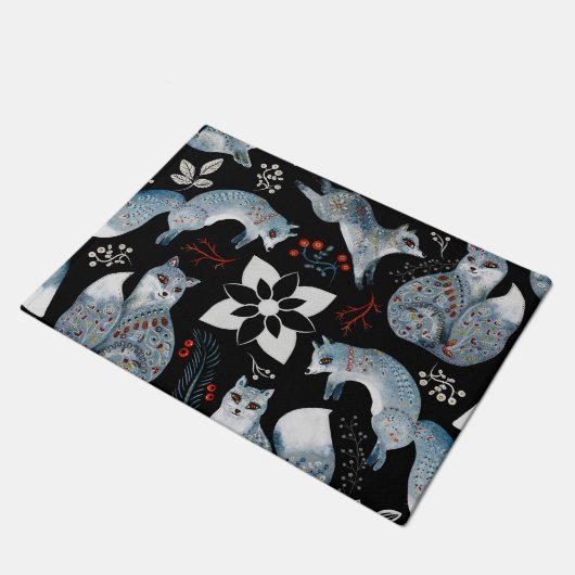  Stylized blue foxes with intricate floral designs Deurmat (Schuin)