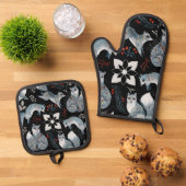  Stylized blue foxes with intricate floral designs Ovenwant & Pannenlap Set (Top down)