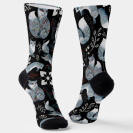  Stylized blue foxes with intricate floral designs Sokken