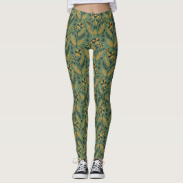 Stylized botanical orange and black floral pattern leggings