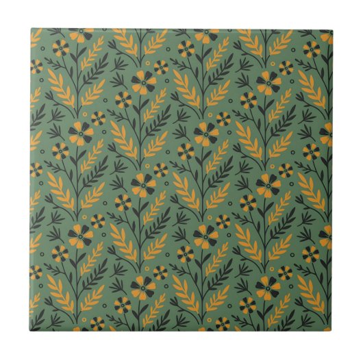 Stylized botanical orange and black floral pattern tegeltje (Voorkant)