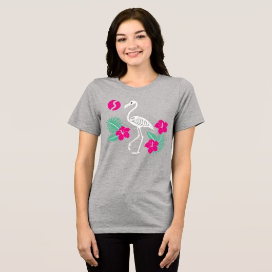 Stylized Flamingo Skeleton with Tropical Flowers Tri-Blend Shirt (Voorkant volledig)
