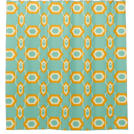 Stylized geometric pattern in bold orange hexagon douchegordijn