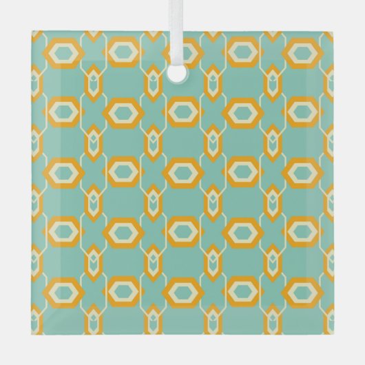 Stylized geometric pattern in bold orange hexagon glas ornament (Voorkant)