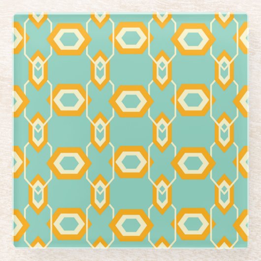 Stylized geometric pattern in bold orange hexagon glazen onderzetter (Voorkant)