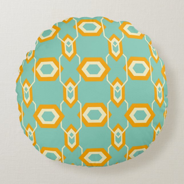 Stylized geometric pattern in bold orange hexagon rond kussen (Voorkant)