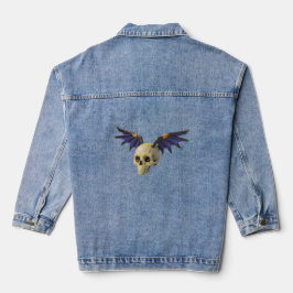 Stylized Skull with Angular Colorful Wings Denim Jacket