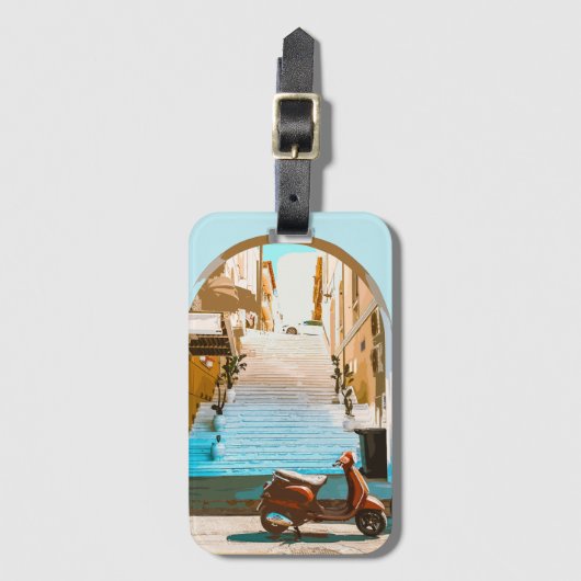 Stylized Teal Mediterranean Coastal Town Archway Bagagelabel (Voorkant (verticaal))