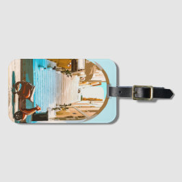Stylized Teal Mediterranean Coastal Town Archway Bagagelabel
