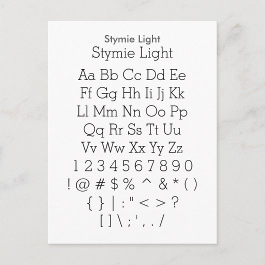 Stymie Light - Zazzle Font Sampler Blad Briefkaart (Voorkant)