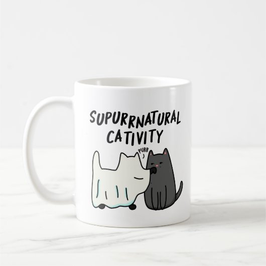 Su-purr-natuurlijke activiteit Funny Cat Pun Koffiemok (Links)