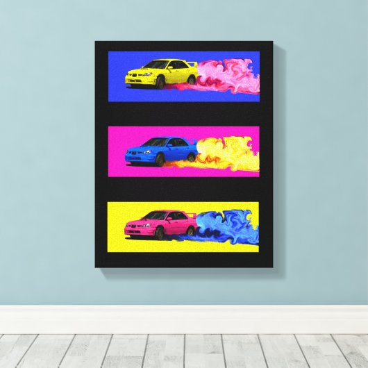 Subaru STi Drift in kleur Canvas Afdruk (Insitu (Houten vloer))