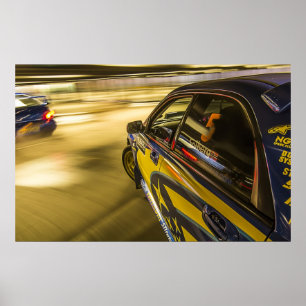 Subaru's race in een ondergrondse parkeergarage poster