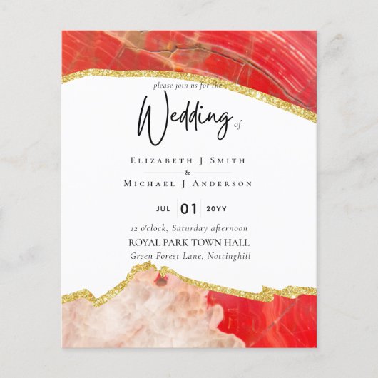 Sublieme Rode Gouden Agaat Huwelijks- UITNODIGINGE (Voorkant)