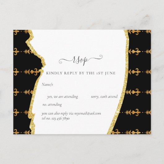 Sublime Black Gold Fleur De Lys Wedding Briefkaart (Voorkant)